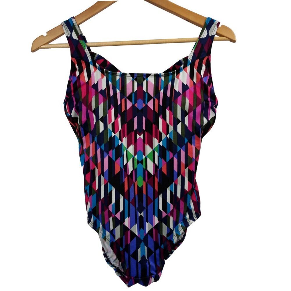 Longitude Geometric One Piece Slimming Lined Swimsuit Size 8 Shelf Bra Black